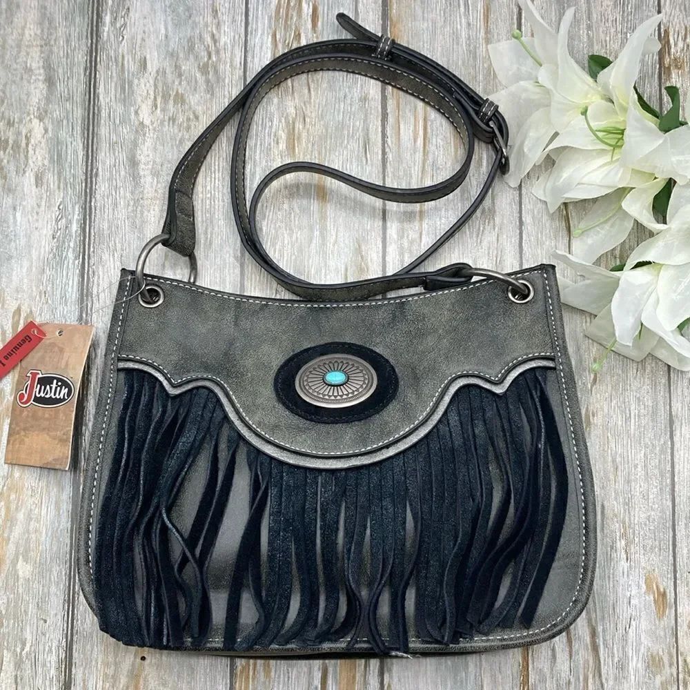 Justin Western Cowgirl Country Leather Fringe Crossbody Bag Purse